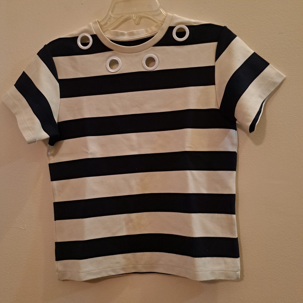 Unbranded Navy Cream Striped Short‎ Sleeve Grommet Neck Top Small
